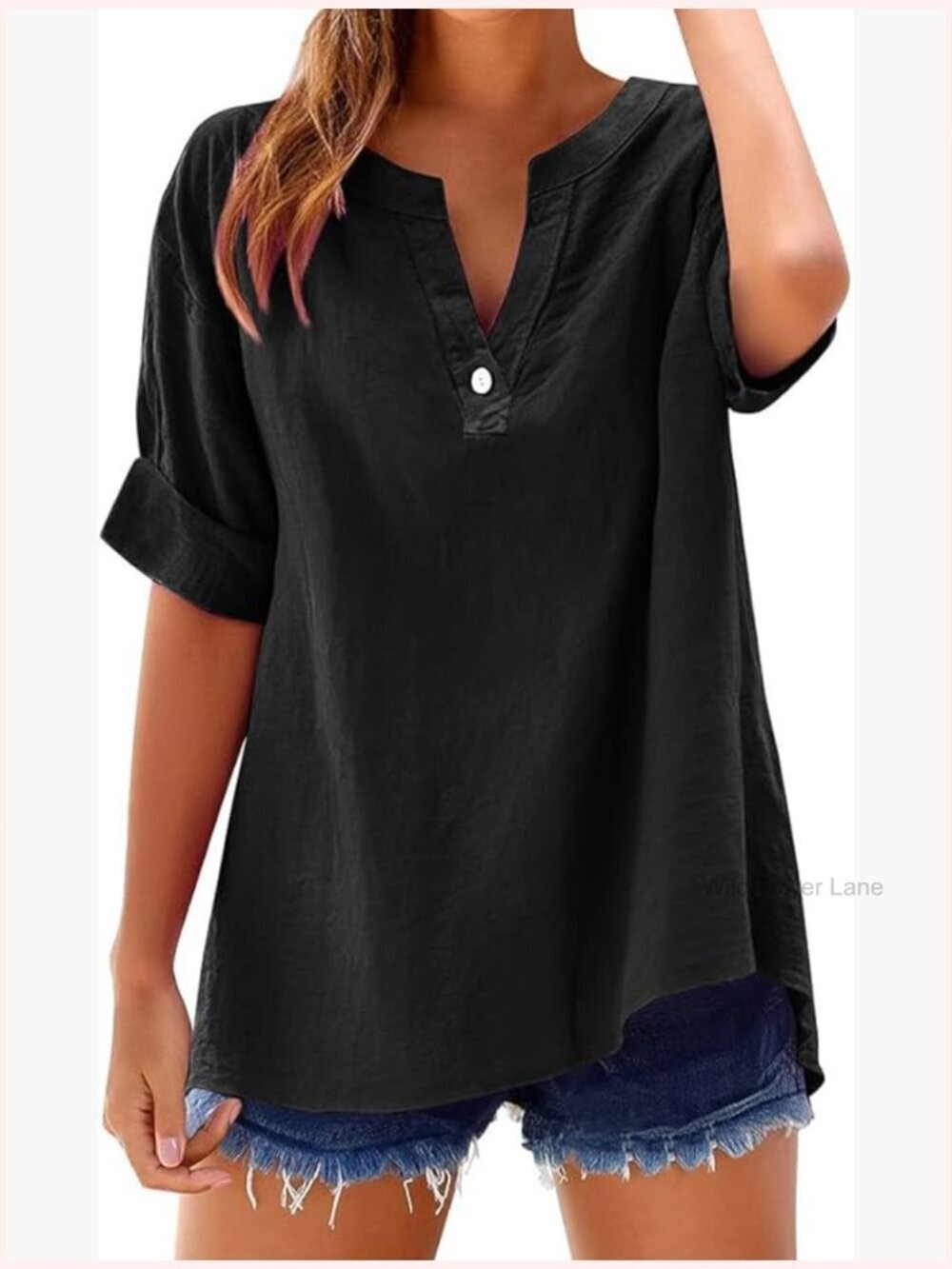 V-Neck Short Sleeve Linen Blend Blouse Casual Loose Fit Summer Beach Top